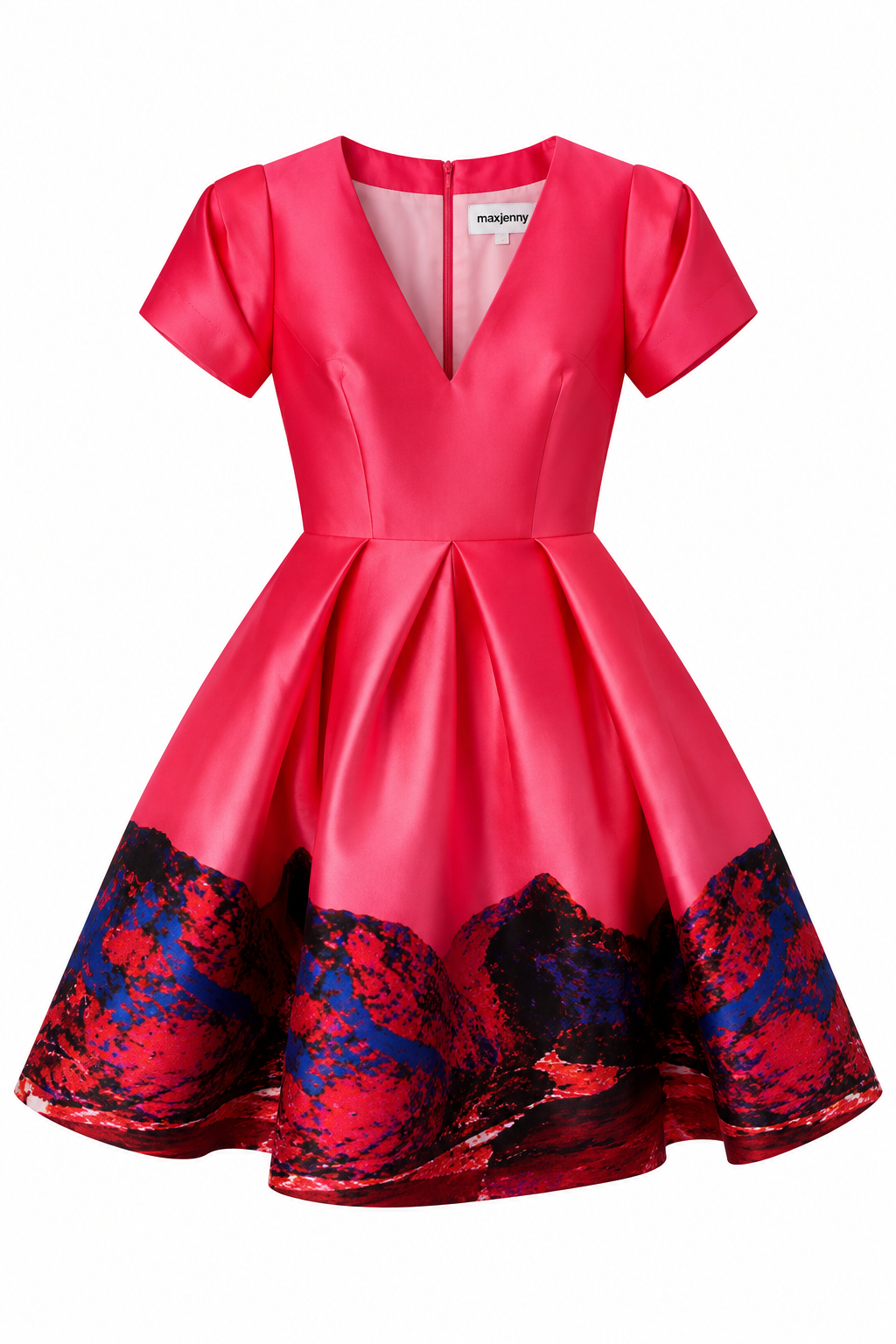 Deep V-Neck Flared Dress – Red Pink Landscape