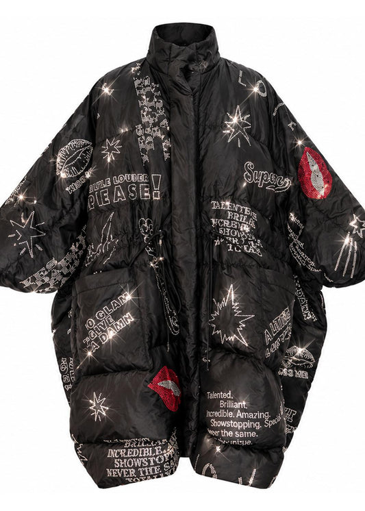 Oversized Puffer Coat – Black with Swarovski Details