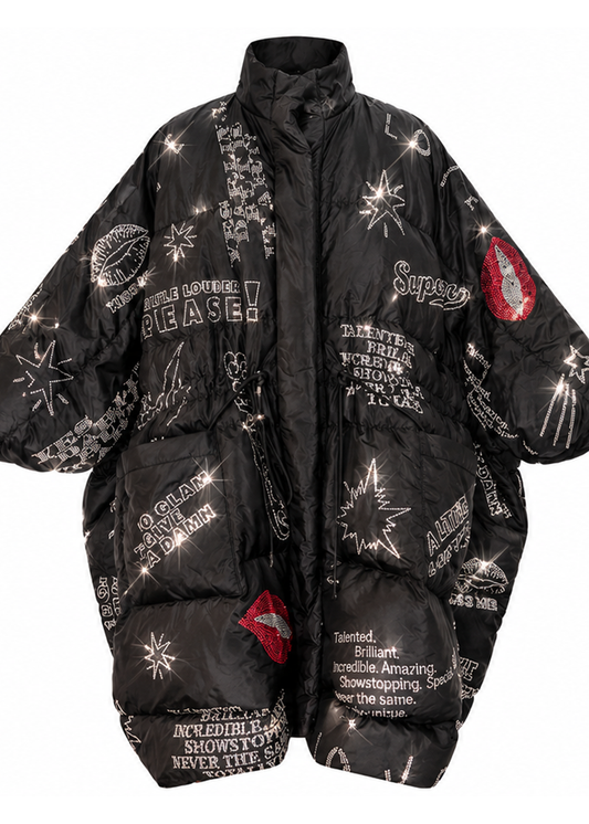 Oversized Puffer Coat – Black with Swarovski Details