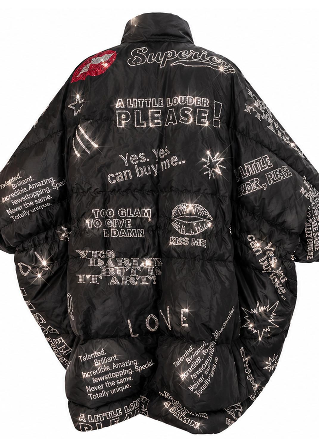 Oversized Puffer Coat – Black with Swarovski Details