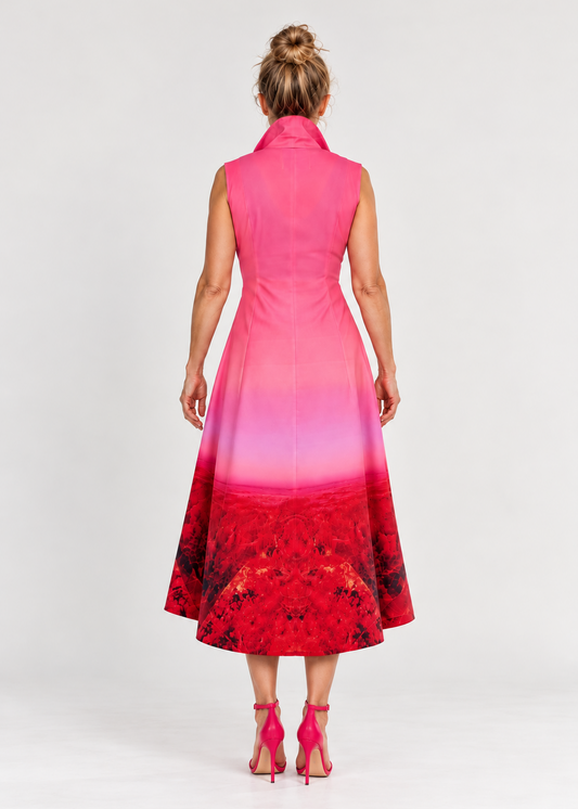 Sleeveless Swing Shirt Dress – Red Pink Landscape