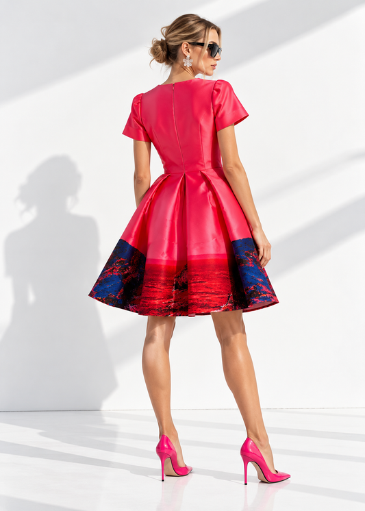 Deep V-Neck Flared Dress – Red Pink Landscape