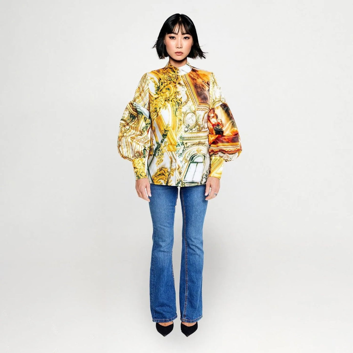 Royal Blouse with ballon sleeves golden roof printed yellow
