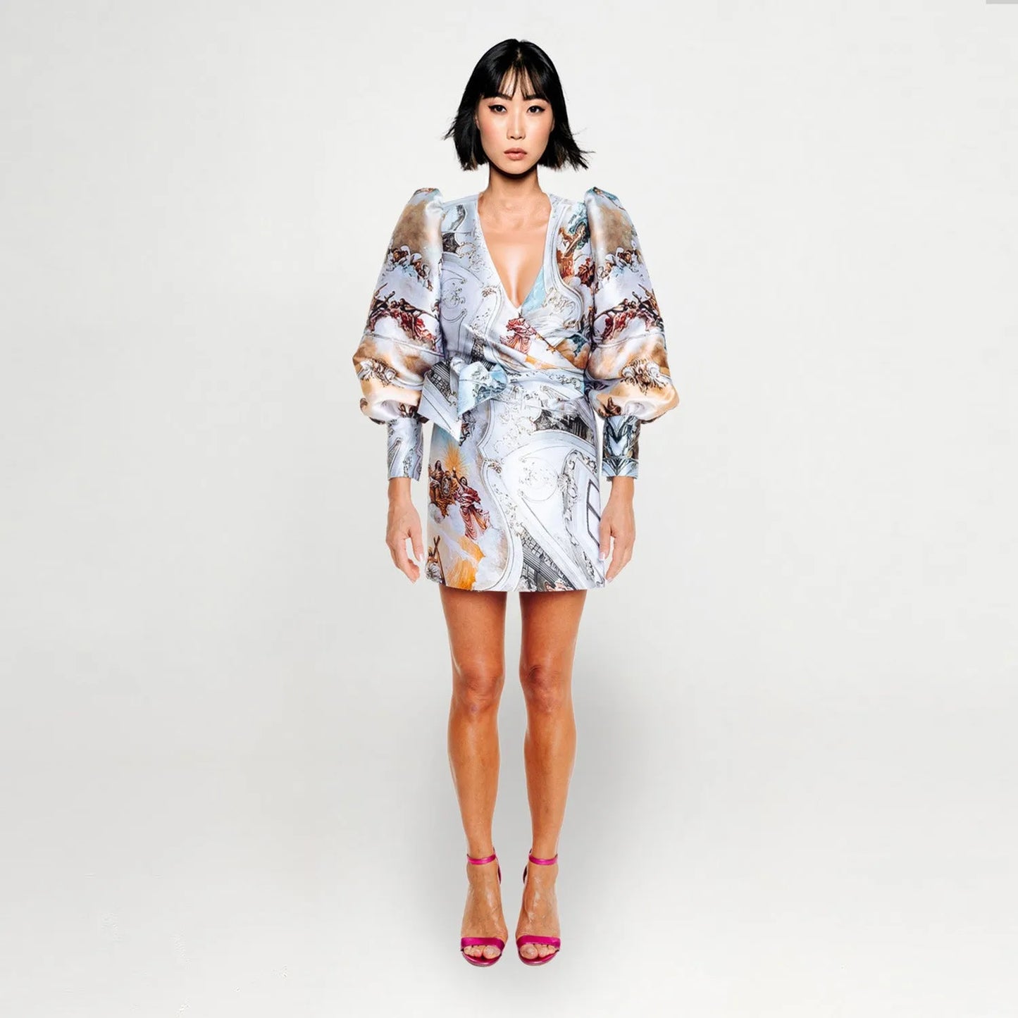 Royal Wrap puffarm mini dress sicily jubilee printed