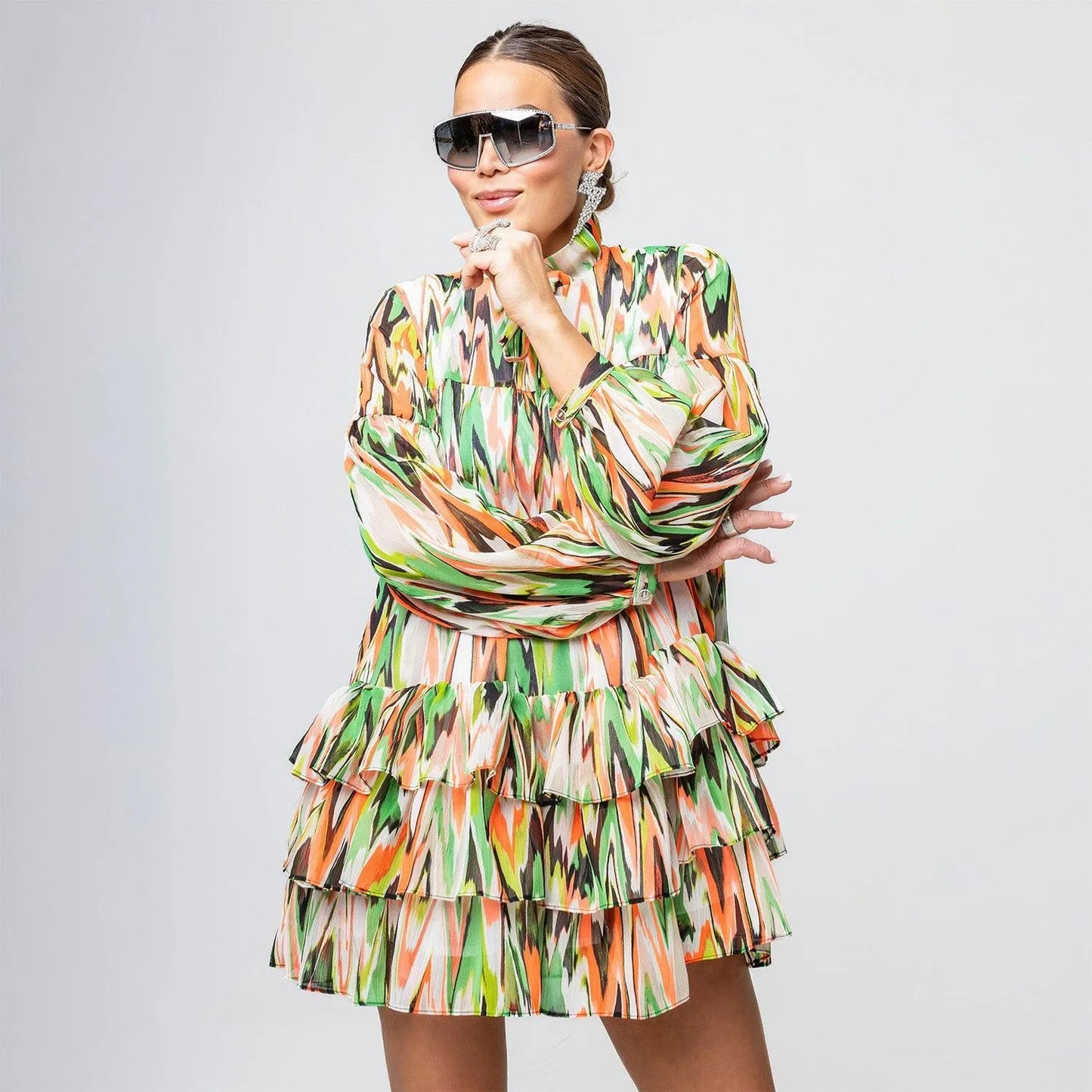 SALE Zigzag greenish iris mini dress printed chiffong