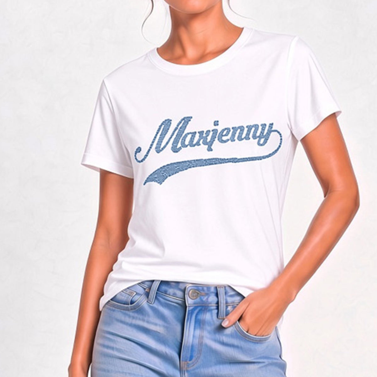 White T-shirt with Blue Swarovski Crystals
