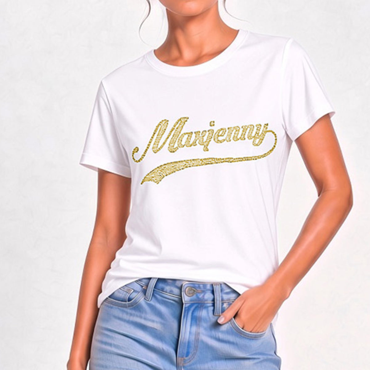 Vit T-shirt med guld Swarovski-kristaller
