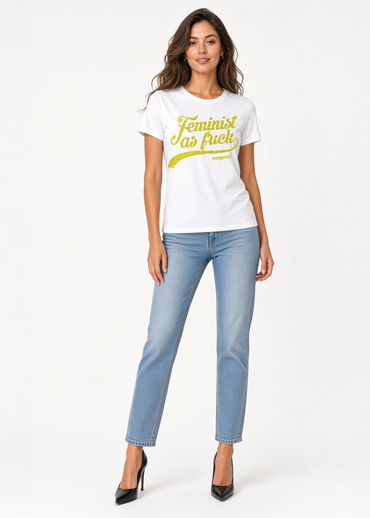 Feminist as Fuck Lime Yellow Swarovski Crystal T-Shirt – White