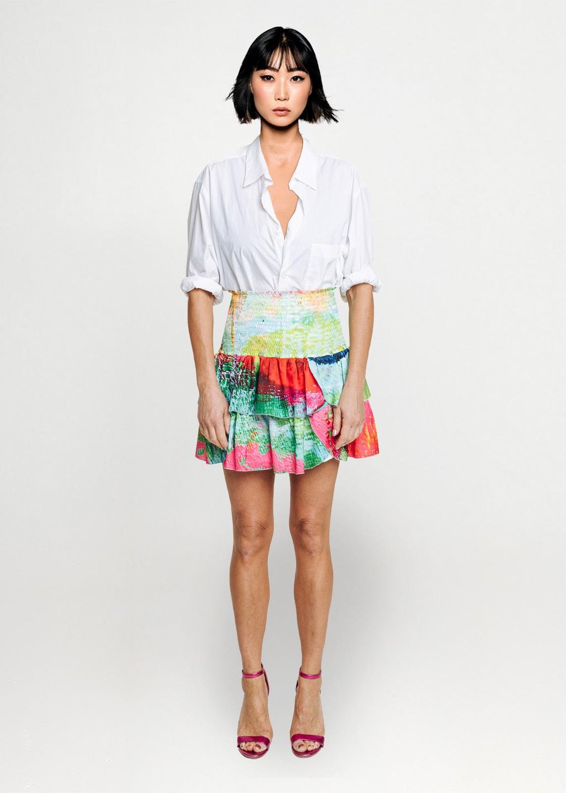 Smocked Ruffle Mini Skirt - Mother Pink Red Green
