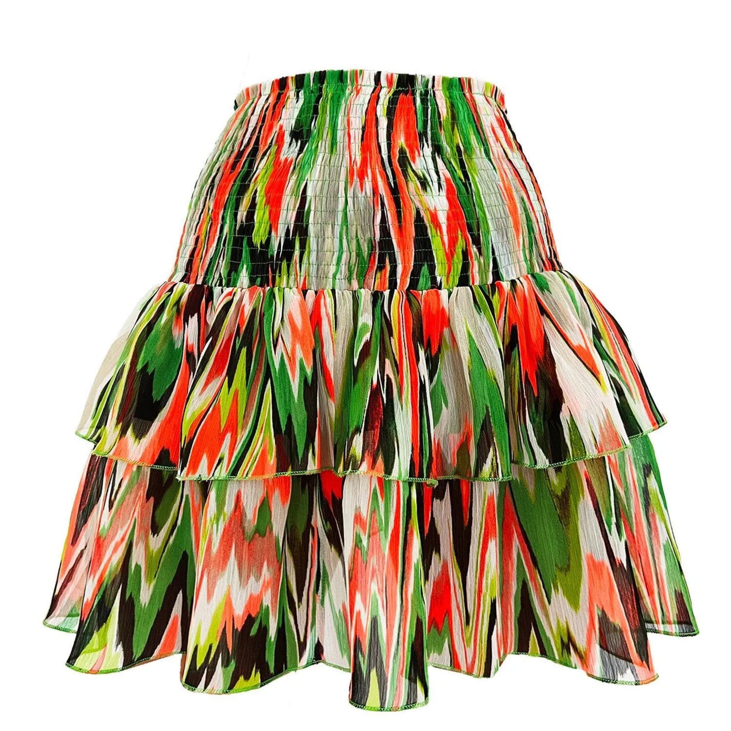SALE zigzag green orange printed Women's Smocked Ruffle Skirt