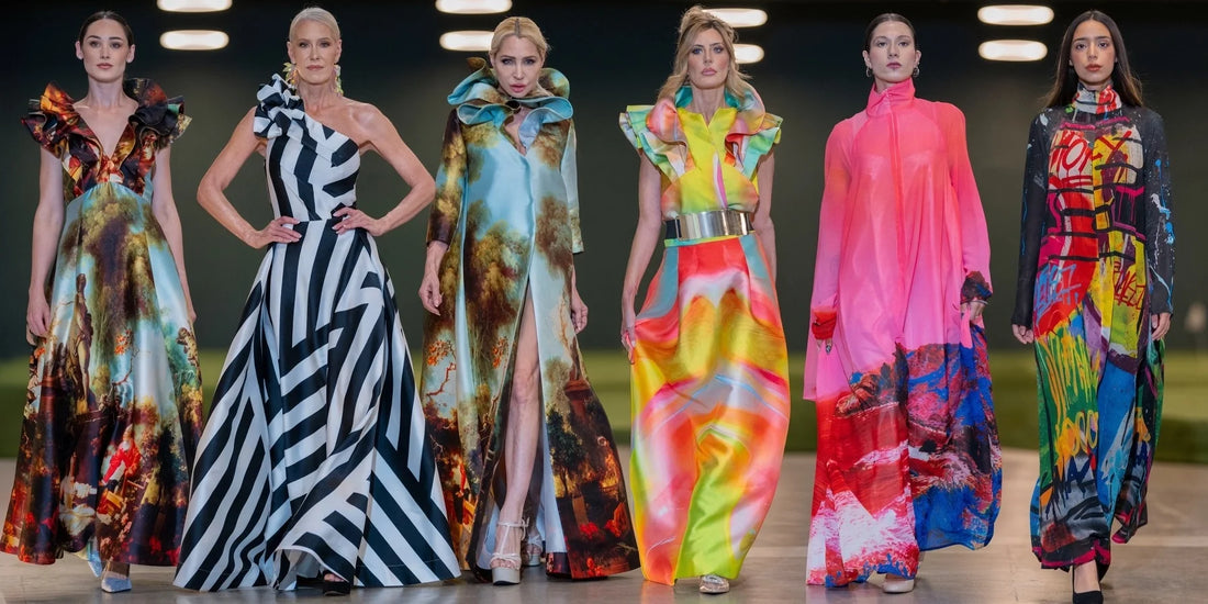 Six models wearing colourful maxjenny! dresses and coats with bold prints on the runway