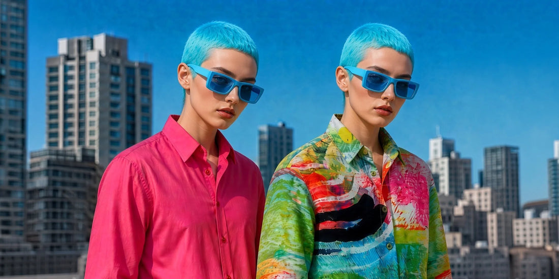 Two models wearing colourful maxjenny! shirts with bold prints