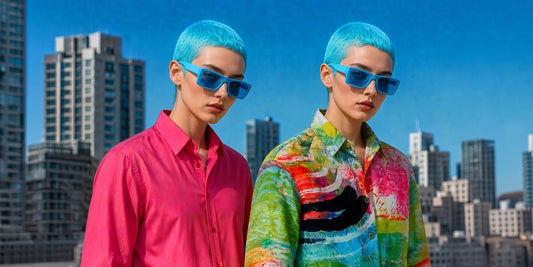 Two models wearing colourful maxjenny! shirts with bold prints