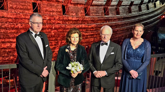 King Carl XVI Gustaf and Queen Silvia of Sweden at the “Support Vasa” gala evening at the Vasa Museum in Stockholm, an event raising awareness and support for the preservation of the historic Vasa ship.