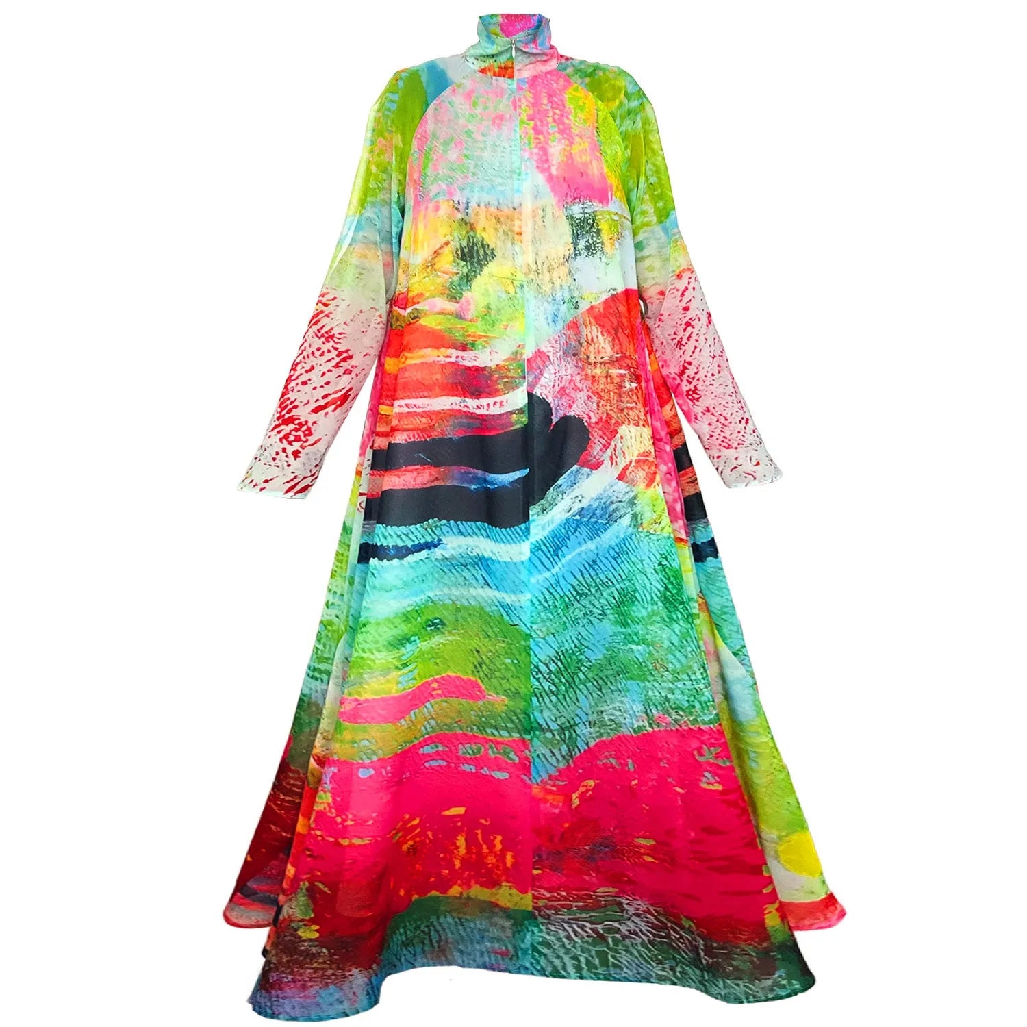 A-line dress longarmed green pink mother patterned chiffong