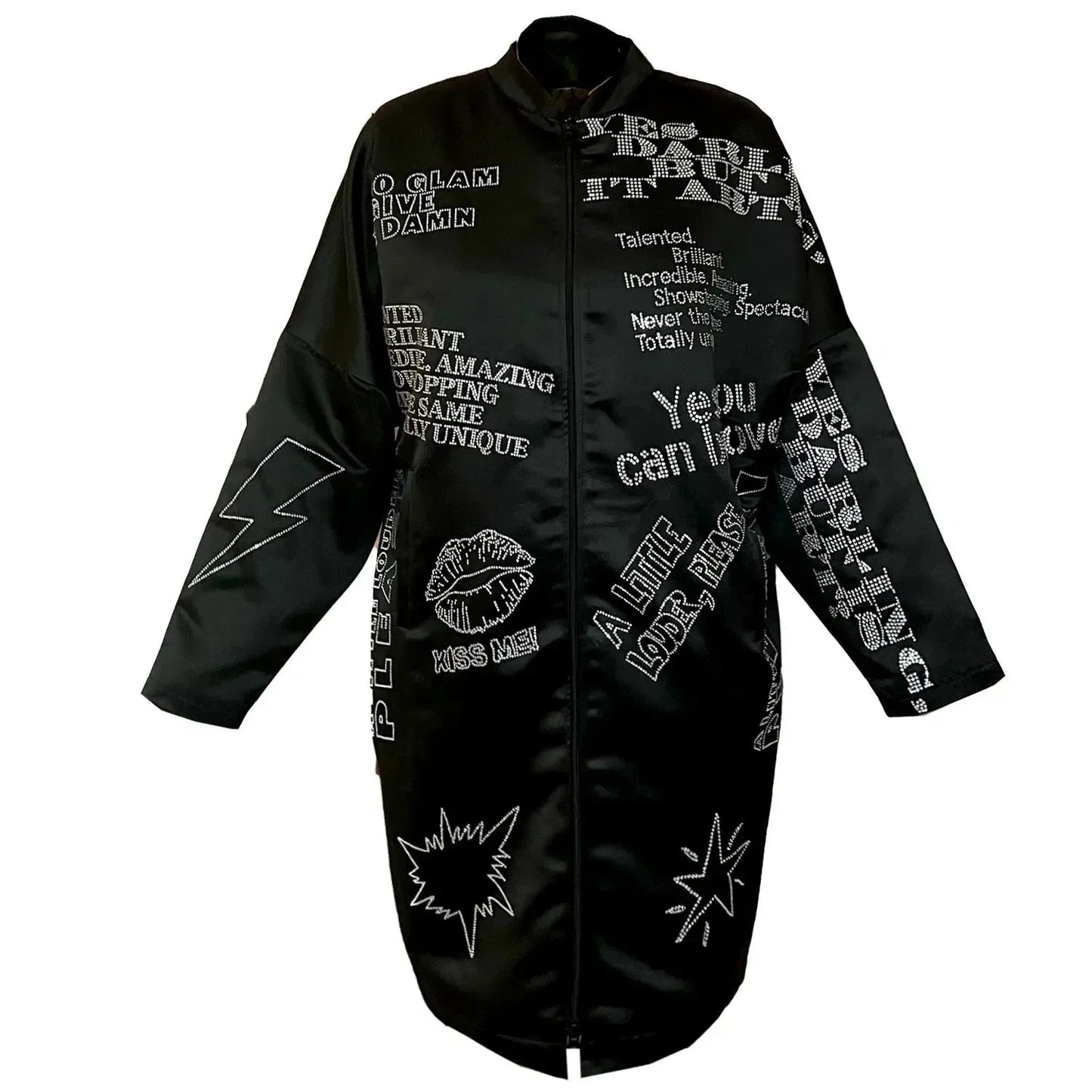 Black Swarovski embellished occasioncoat printed