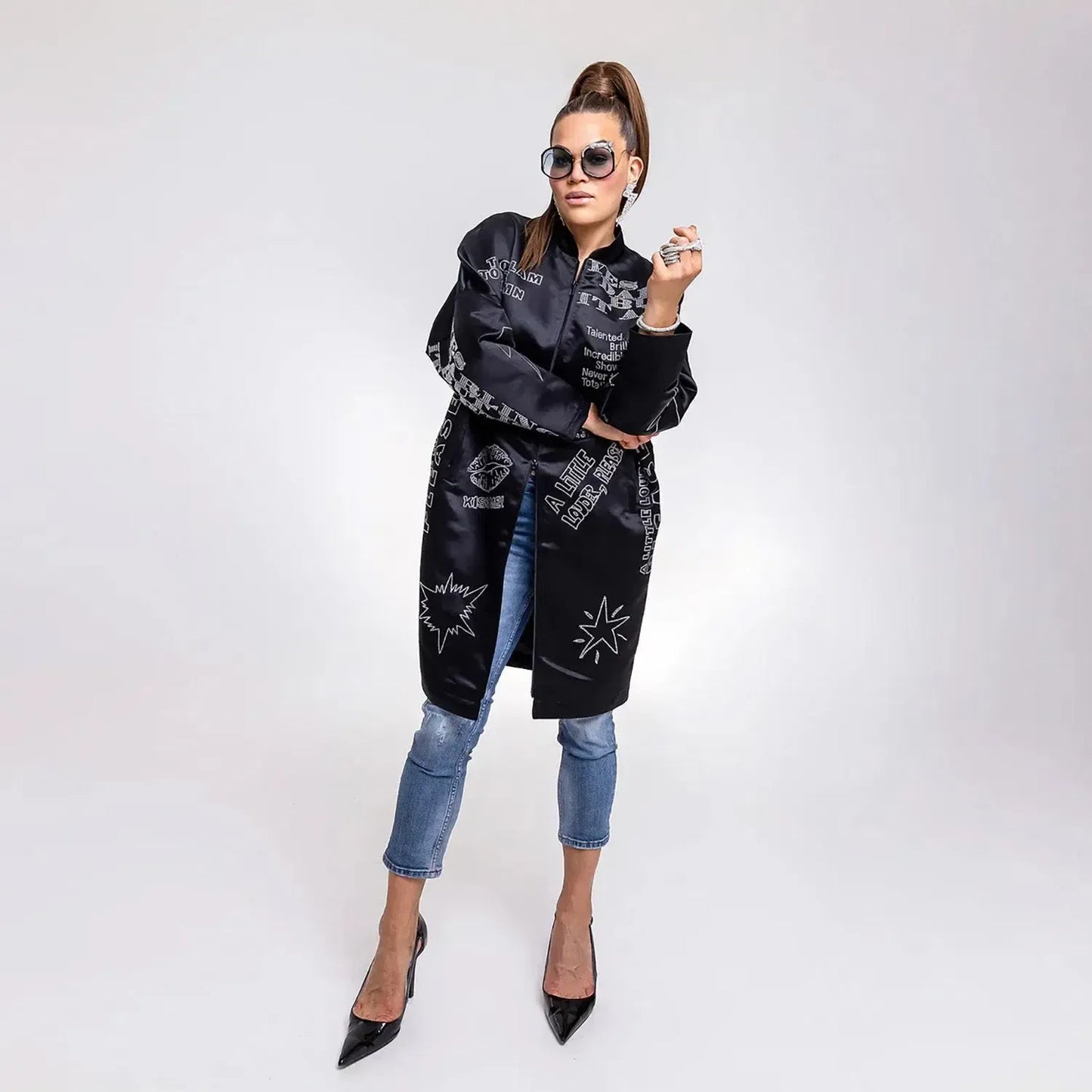 Black Swarovski embellished occasioncoat printed