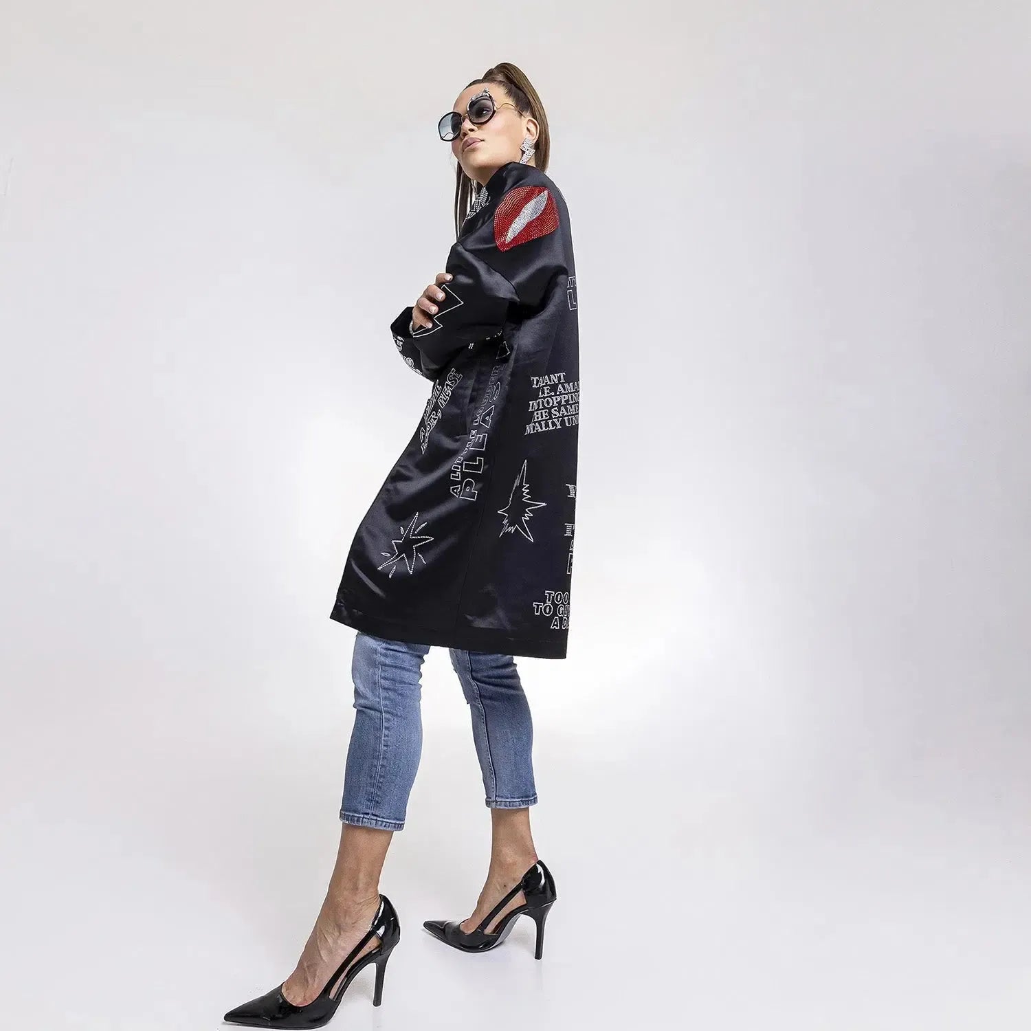 Black Swarovski embellished occasioncoat printed