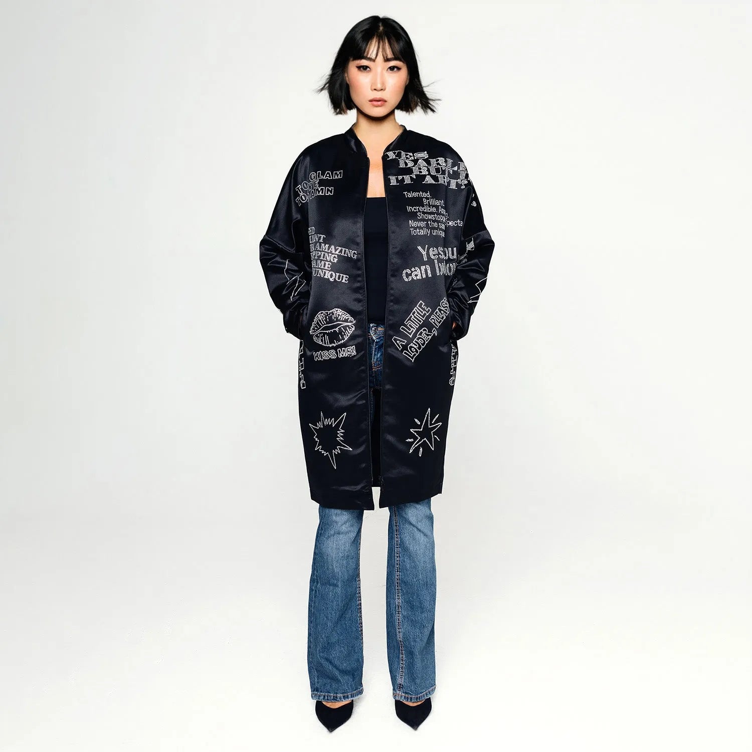 Black Swarovski embellished occasioncoat printed