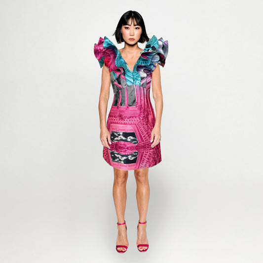 Butterfly Mini Dress - Pink Turquise