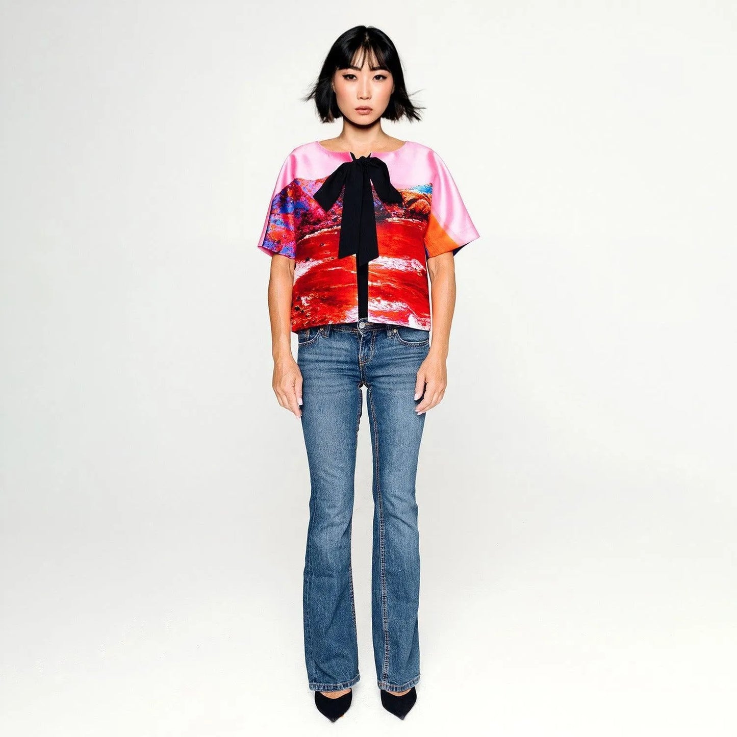 Cropped Jacket with Bow - Red Pink Landscape