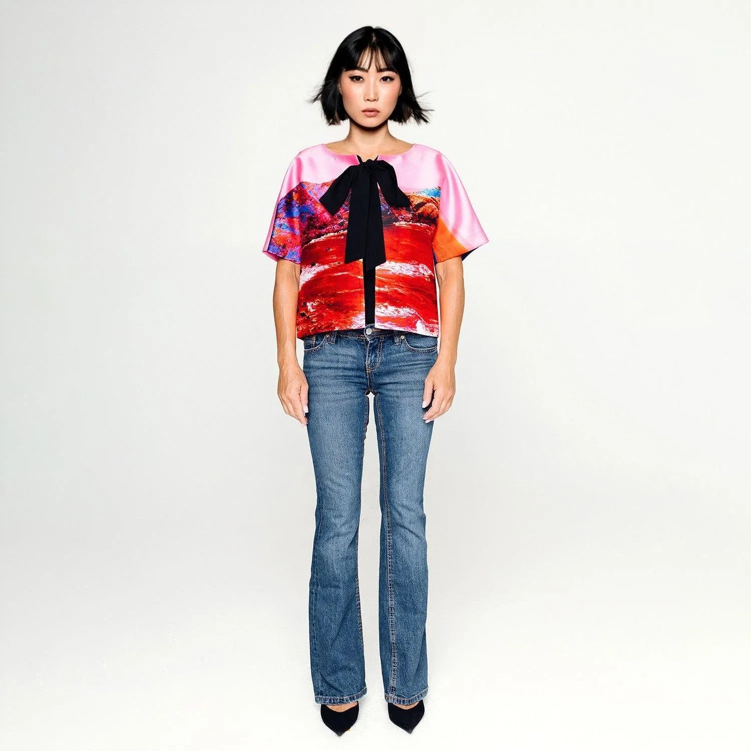Cropped Jacket with Bow - Red Pink Landscape