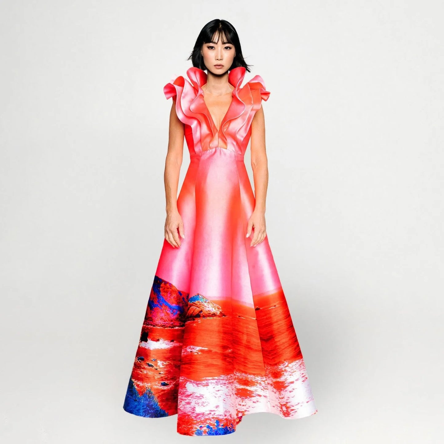Custommade Butterfly Evening Dress - Red Blue Landscape