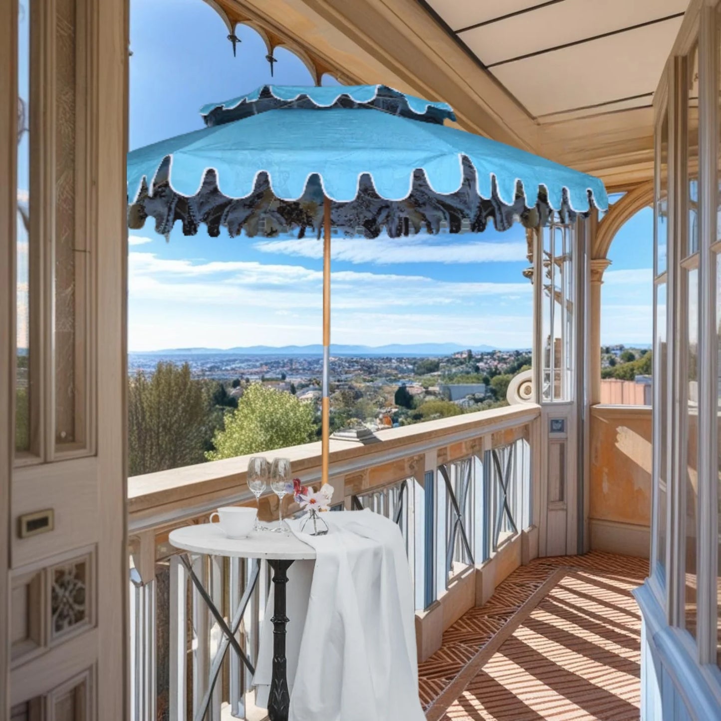 Double Tier Parasol – Light Blue | 230 cm Luxury Garden Umbrella