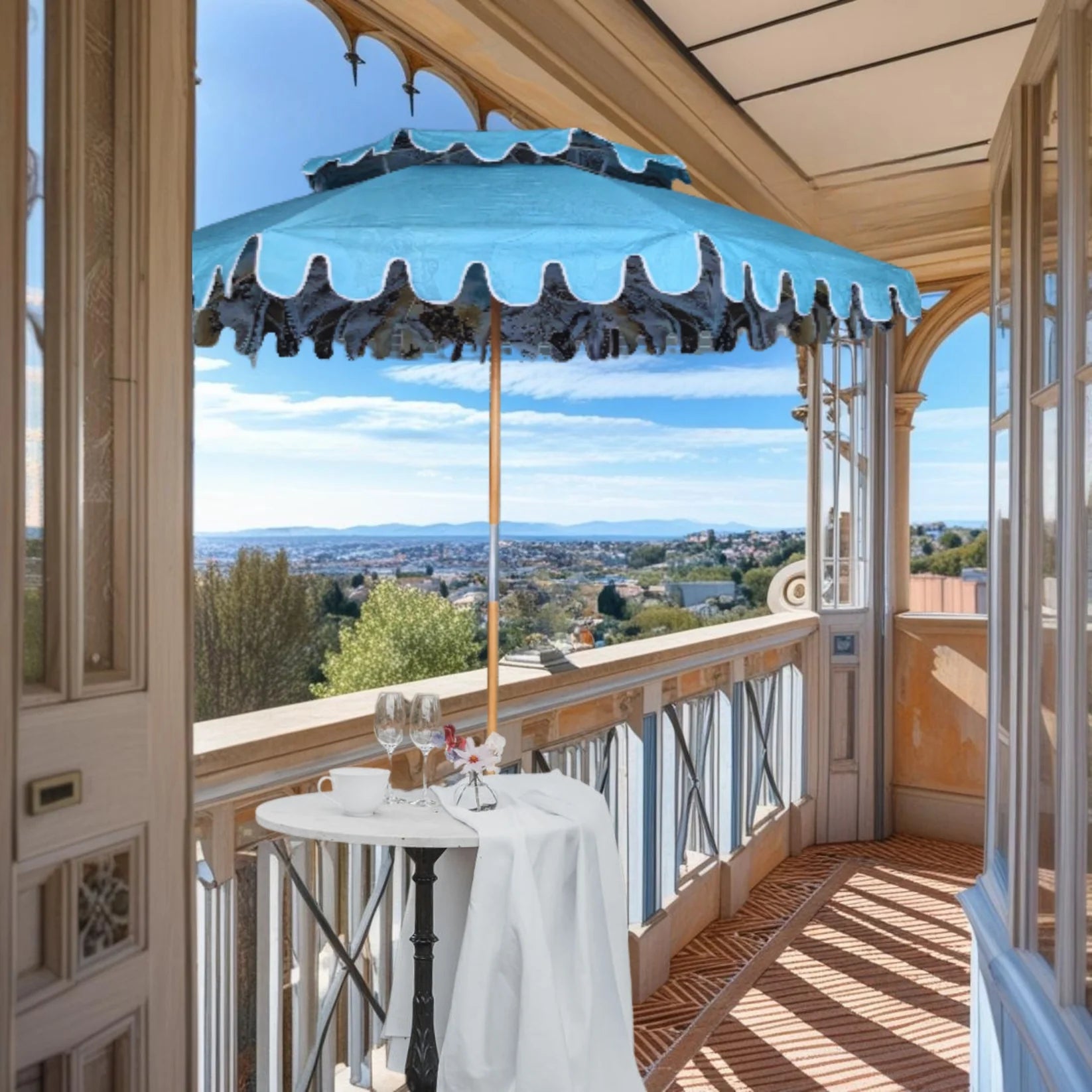 Double Tier Parasol – Light Blue | 230 cm Luxury Garden Umbrella