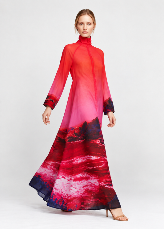 A-Line Maxi Dress - Red Blue Landscape