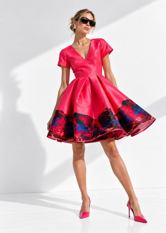 Deep V-Neck Flared Dress – Red Pink Landscape