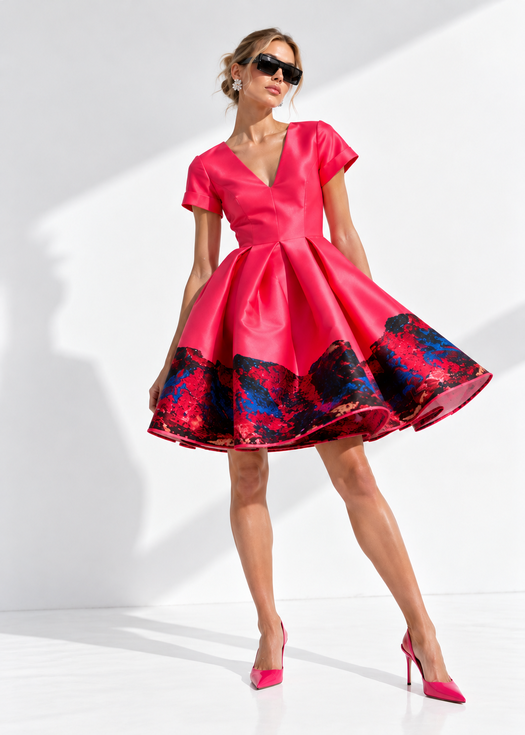 Deep V-Neck Flared Dress – Red Pink Landscape