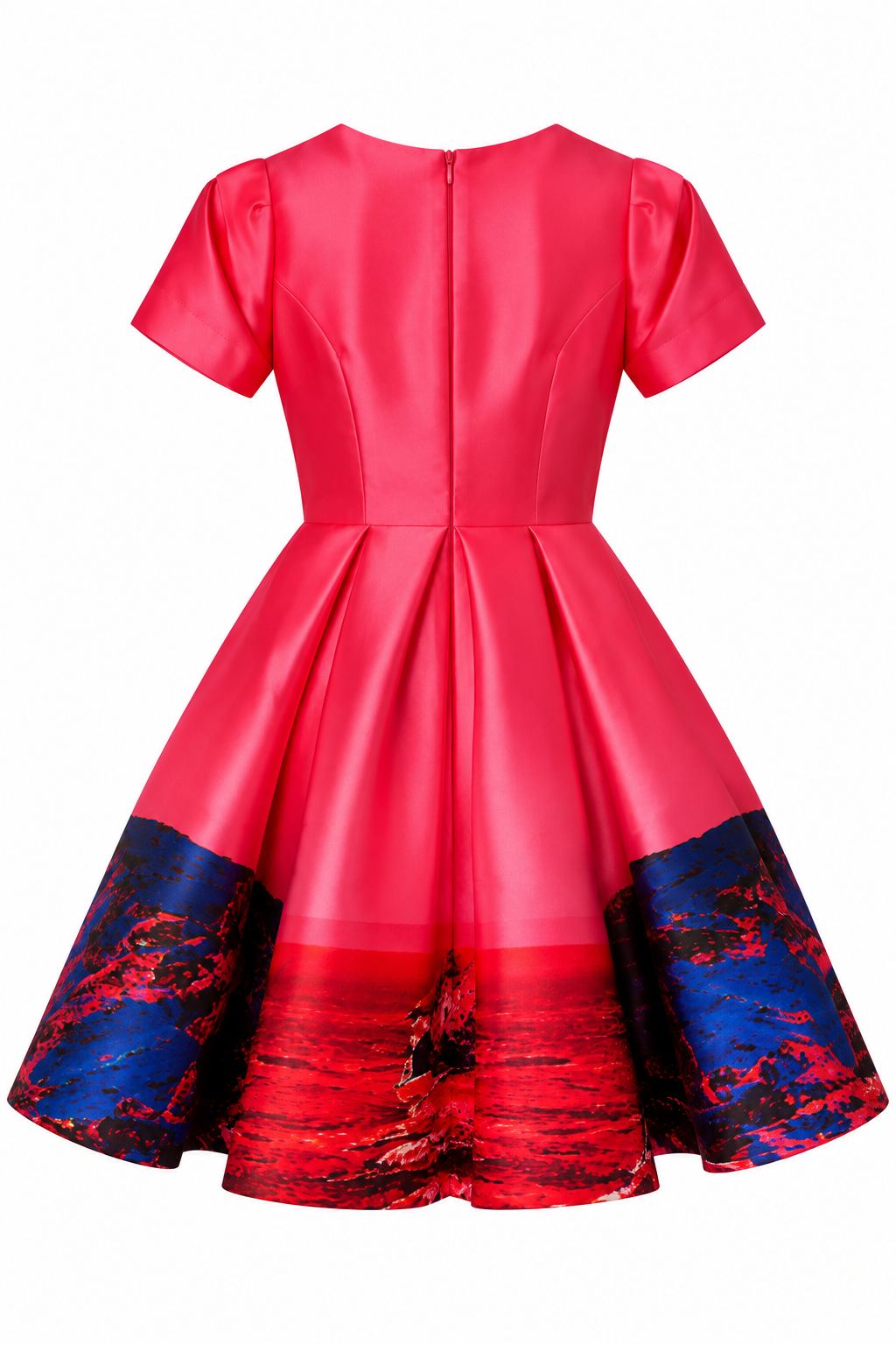Deep V-Neck Flared Dress – Red Pink Landscape
