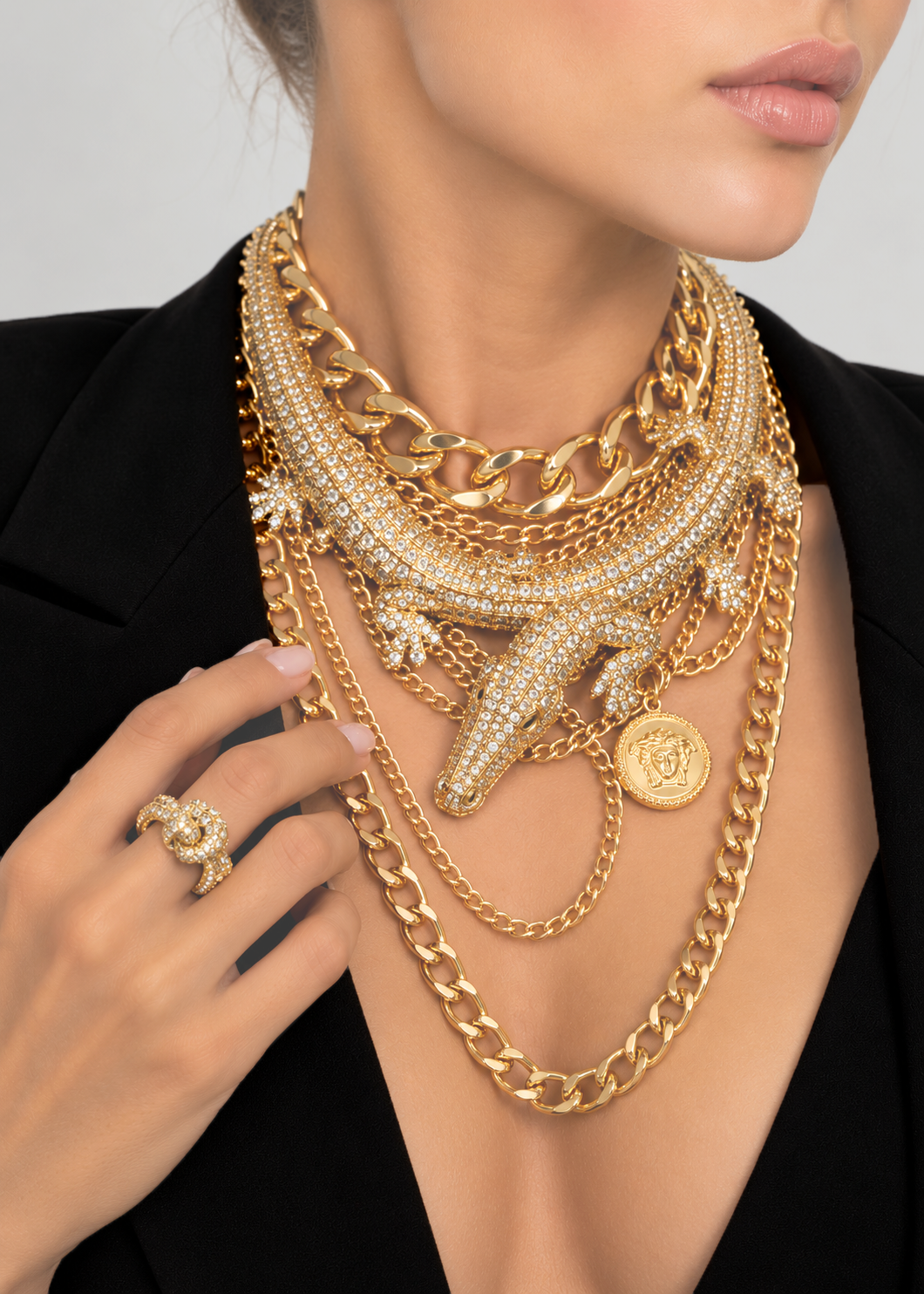 Crocodile Necklace with Crystals Gold