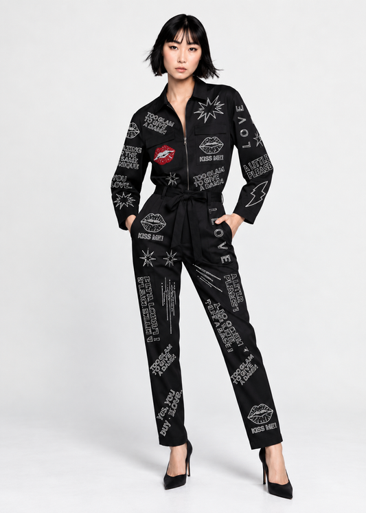 Jumpsuit - Black with Swarovski Details