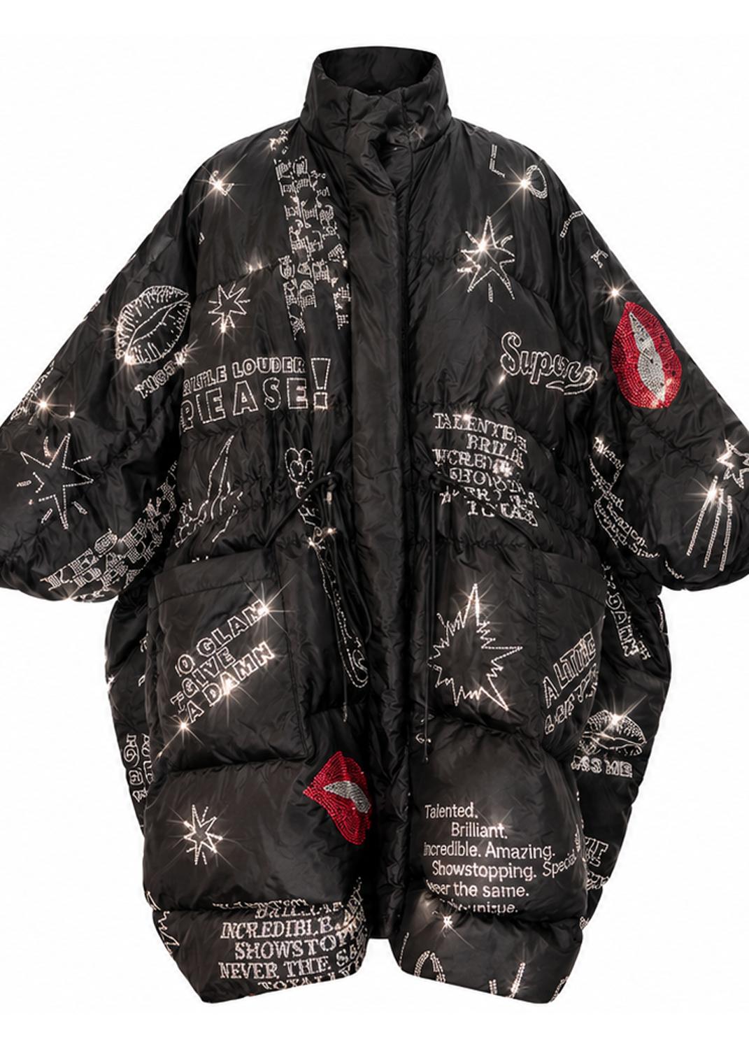 Oversized Puffer Coat – Black with Swarovski Details