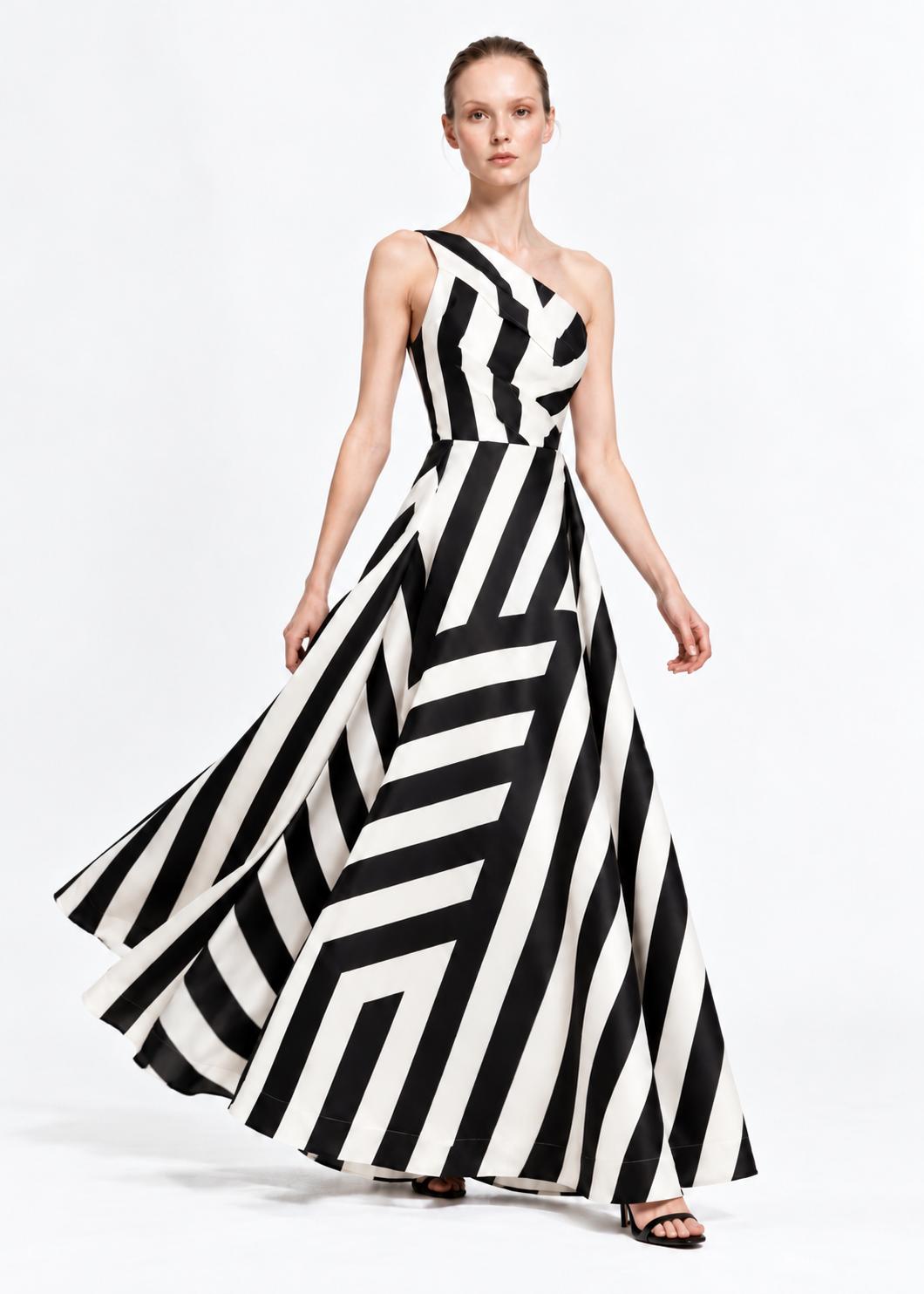 One-Shoulder Aftenkjole – Sort Hvid
