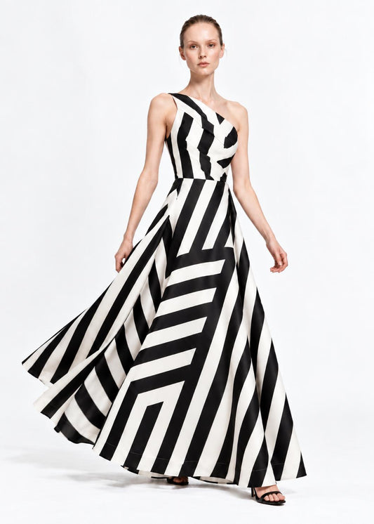 One-Shoulder Aftenkjole – Sort Hvid