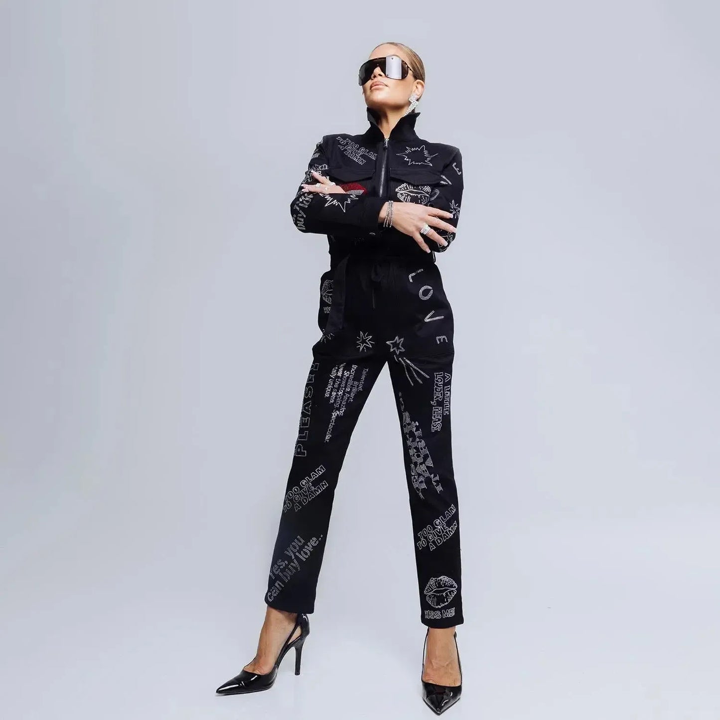 Jumpsuit - Black with Swarovski Details