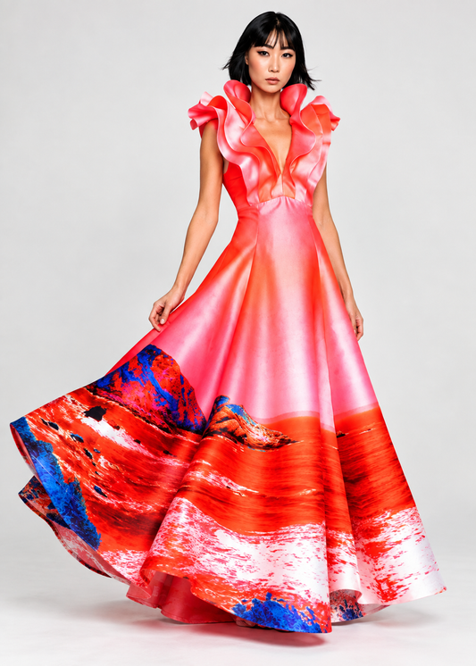 Butterfly Evening Dress - Red Blue Landscape