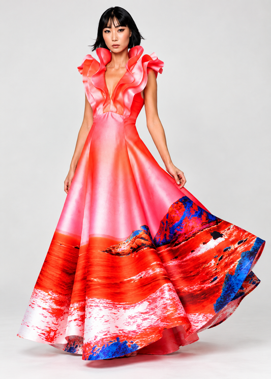 Butterfly Evening Dress - Red Blue Landscape