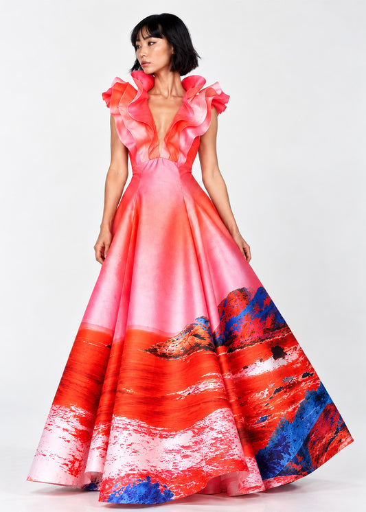 Butterfly Evening Dress - Red Blue Landscape