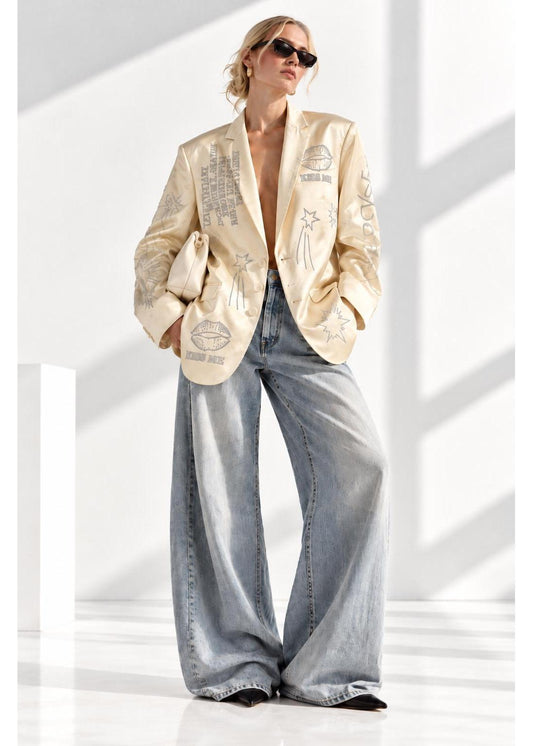 Festive Slight Oversized Tailored Blazer - Cream white with Swarovski Details