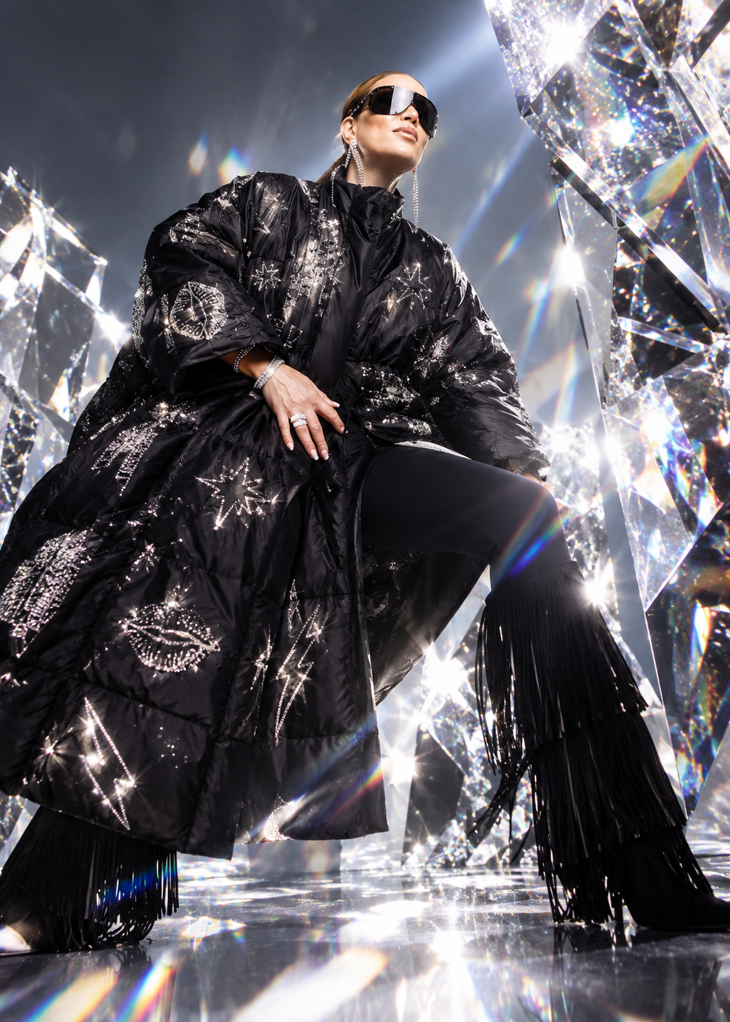 Oversized Puffer Coat – Black with Swarovski Details
