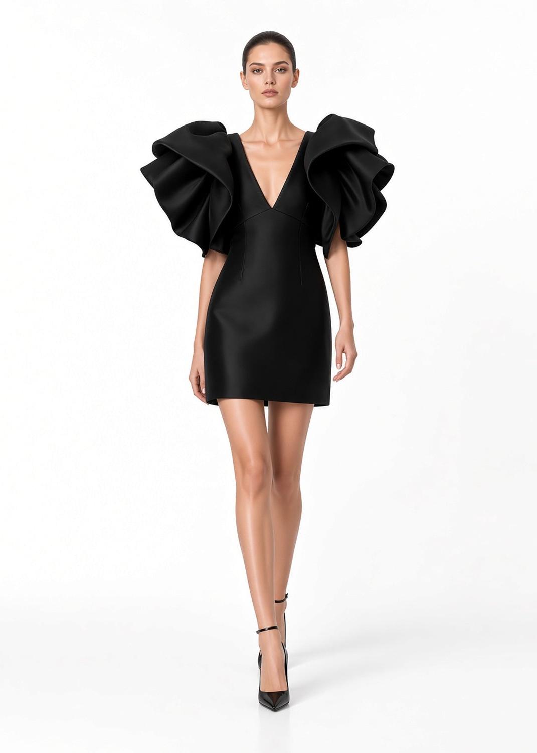 Large Rufflearm Mini Dress - Black