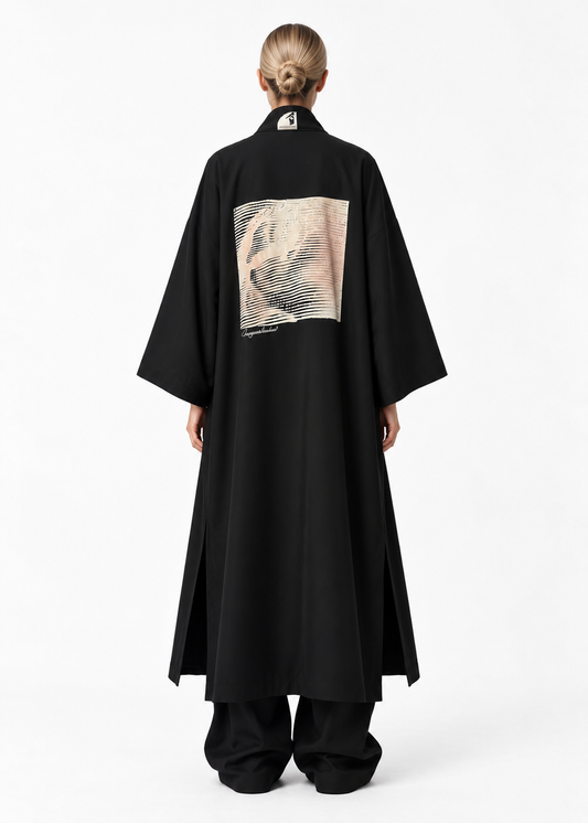 Oversized Graphic Kimono Coat – Black