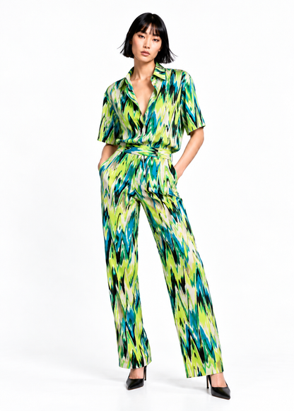 Bedrucktes Set mit Hemdbluse und weiter Hose – Zigzag Lime Turquoise