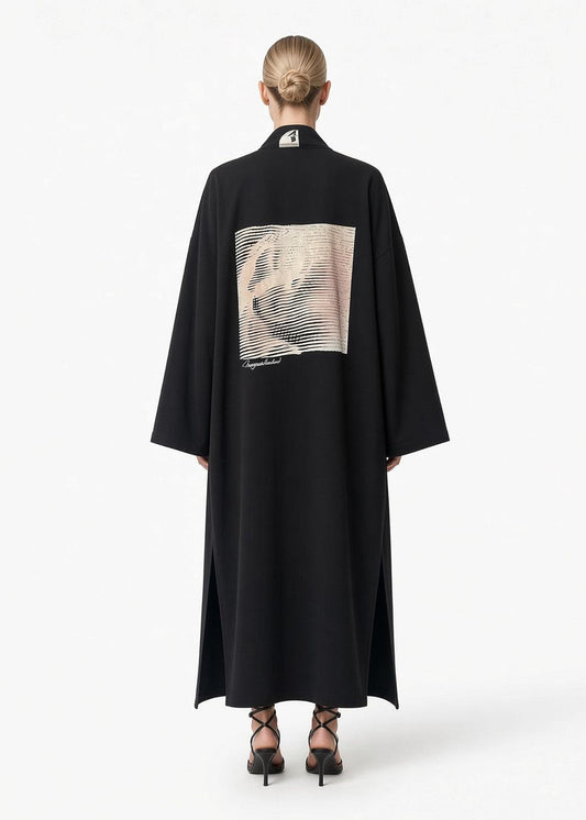 Oversized Graphic Kimono Coat – Black