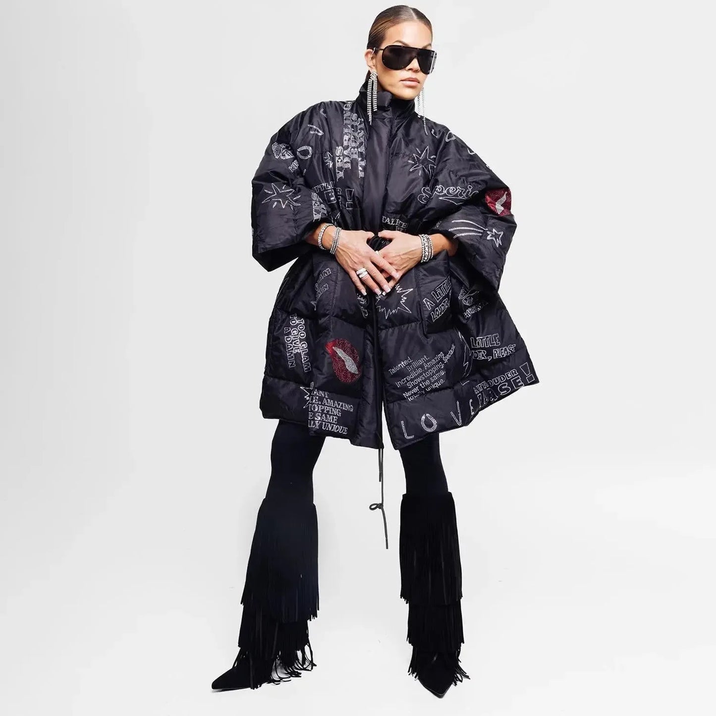 Oversized Puffer Coat – Black with Swarovski Details