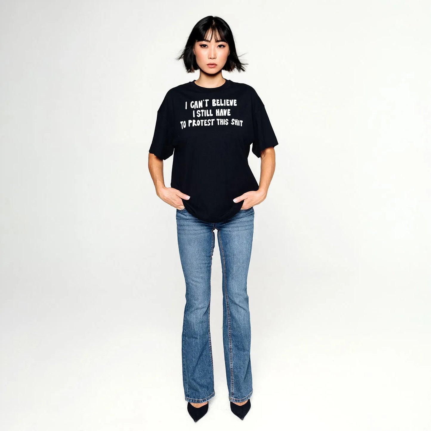 Printed on rescued stock black T-shirt "I can´t believe